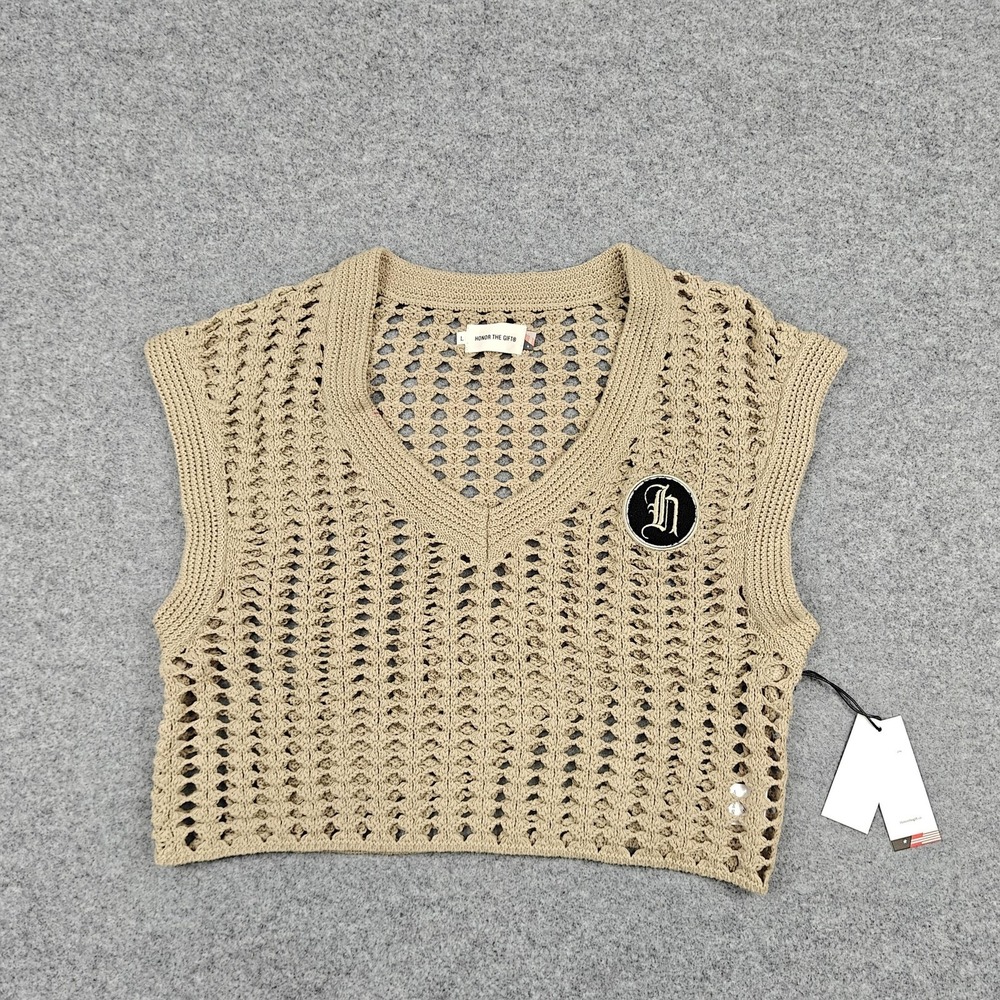 Honor The Gift Sweater Vest Womens Large Beige Open Knit Crochet Logo V Neck New